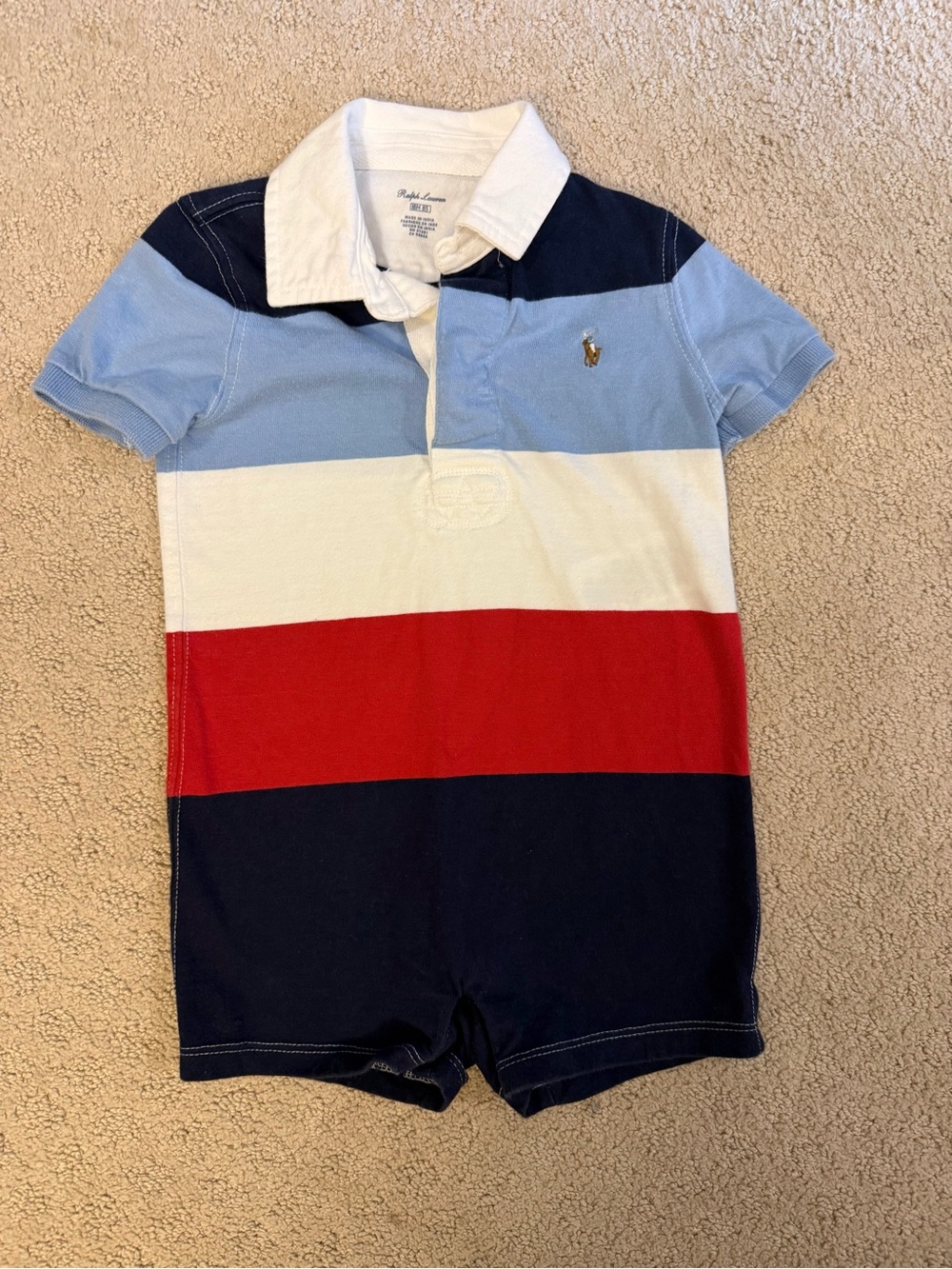 Ralph Lauren Baby Boys Striped Polo Romper 18M Red White Blue Shortall